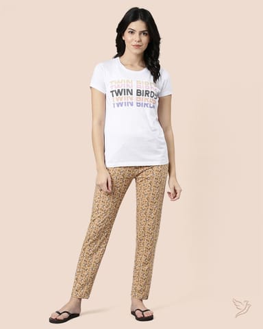 Twin Birds Women Lounge Wear Pants Beige Printed