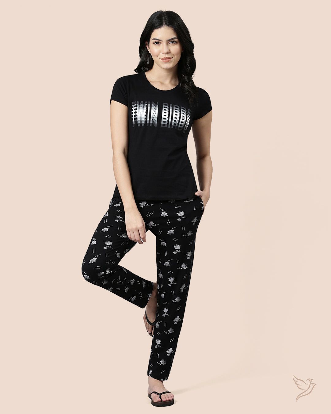 Twin Birds Women Lounge Wear Pants Black Flower Printed