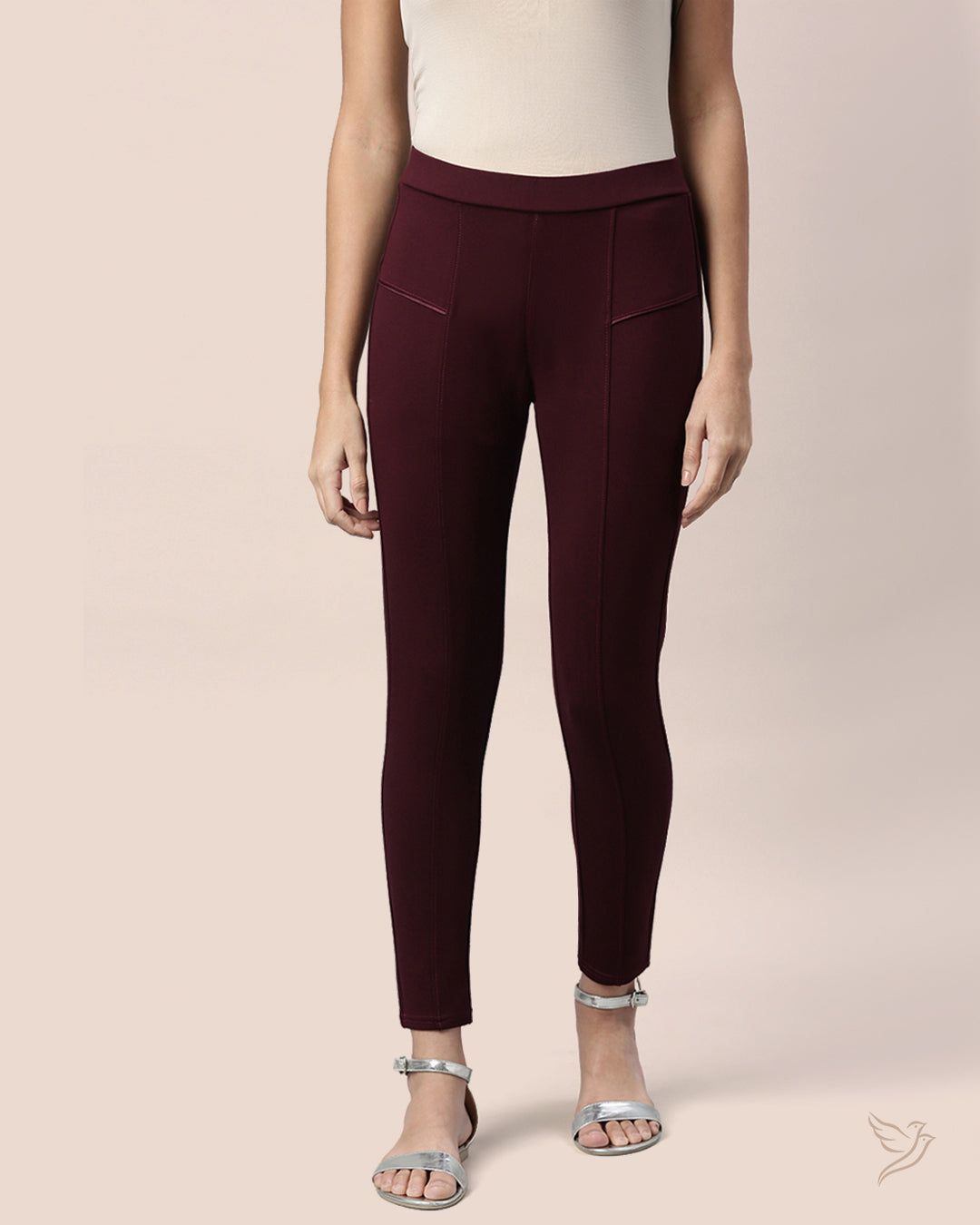 Twin Birds Women Solid Treggings Maroon