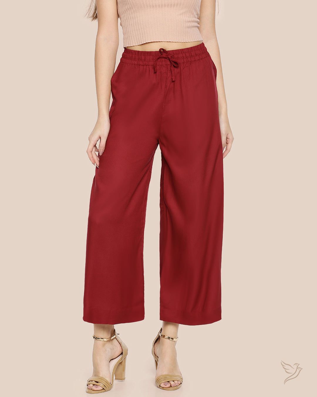 Twin Birds Women Wide Leg Palazzo Mehandi Maroon