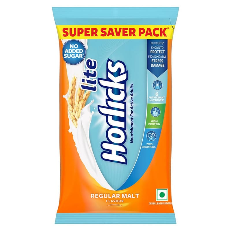 Horlicks Lite Scientifically designed for Adults High Protein, Zero added sugar Regular Malt Pouch