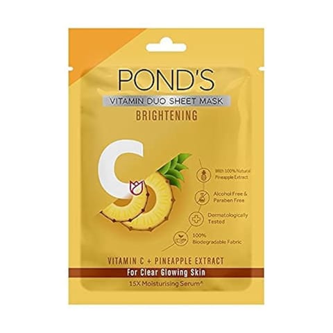 POND'S Vitamin C Brightening Sheet Mask, With Pineapple Extract For Clear Glowing Skin, Paraben Free, Biodegradable Fabric