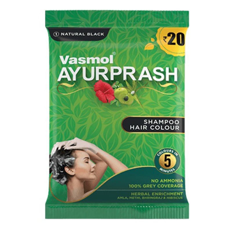 Vasmol Ayurprash shampoo hair colour Instant hair colour Rich in herbal ingredients Enriched with Amla, Hibiscus and Bhringa 15ml