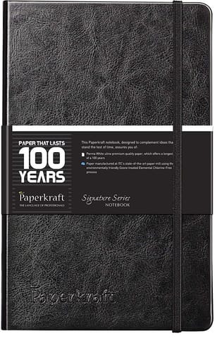 Paperkarft, Signature Series - Hard PU Ruled, Black Cover with White Pages with Band - 240 pages, 210mm x 133mm