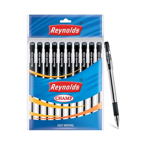 Reynolds Champ Ball Pen | Ball Point Pen With Comfortable Grip | Pens For Writing | School and Office Stationery | Pens For Students Bag - Pack of 10