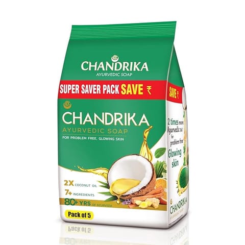 Chandrika Ayurvedic Soap with 2x Coconut Oil & Herbs| Handmade Soap for Naturally Radiant Skin| For All Skin Types| 70g (Pack of 5)