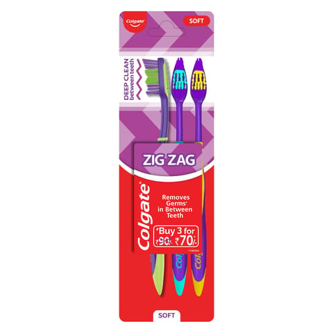 Colgate ZigZag Soft Bristle Toothbrush - 3 Pcs, Multicolour, Compact Brush Head for Deep & Complete Cleansing
