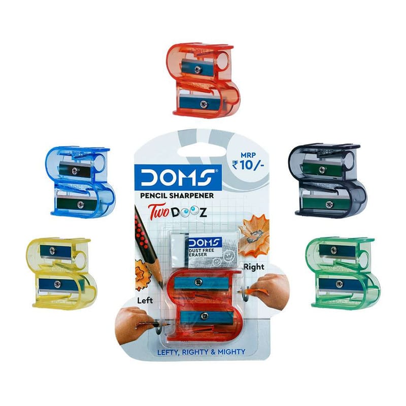 DOMS Two Dooz Pencil Sharpeners 1 Sharpener + 1 Eraser (Assorted Colours)