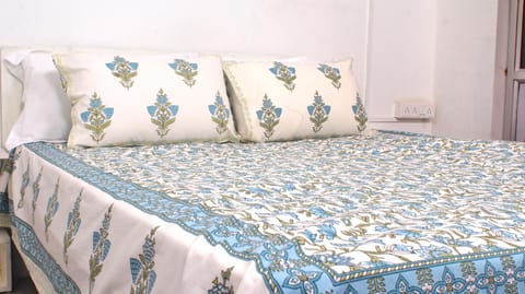 Blue Floral Forest Hand Printed King Size Bedsheet 108 x 108 Inches with 2 Pillow Covers