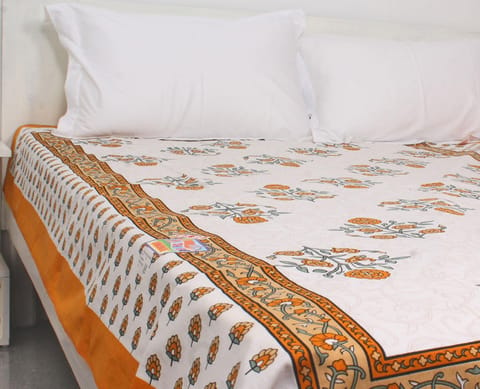 Floral Orange Bordered Print Single Bedsheet 63 X 90 Inches