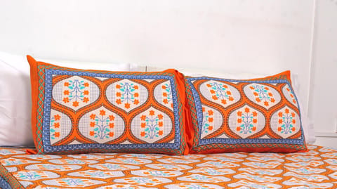 Orange & Blue Ethnic Cotton Printed Double Bedsheet 90 X 100 Inches with 2 Pillow Covers