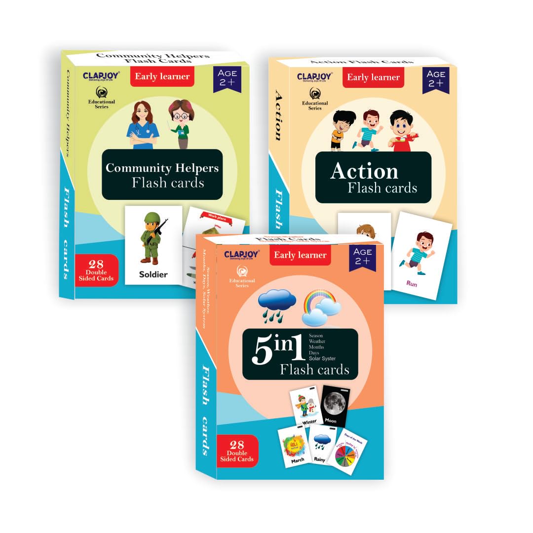 Clapjoy Double Sided Flash Cards for Kids Age 2-6 Years Old Boys & Girls (Z3-Community Helper, Action & 5in1)