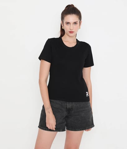 Rivolta Women Solid Black Round Neck Cotton T-Shirt