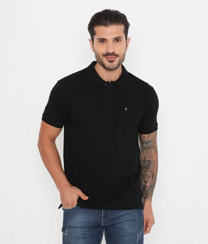 VIP Men Solid Black Essential Cotton Polo T-Shirt With Chest Pocket