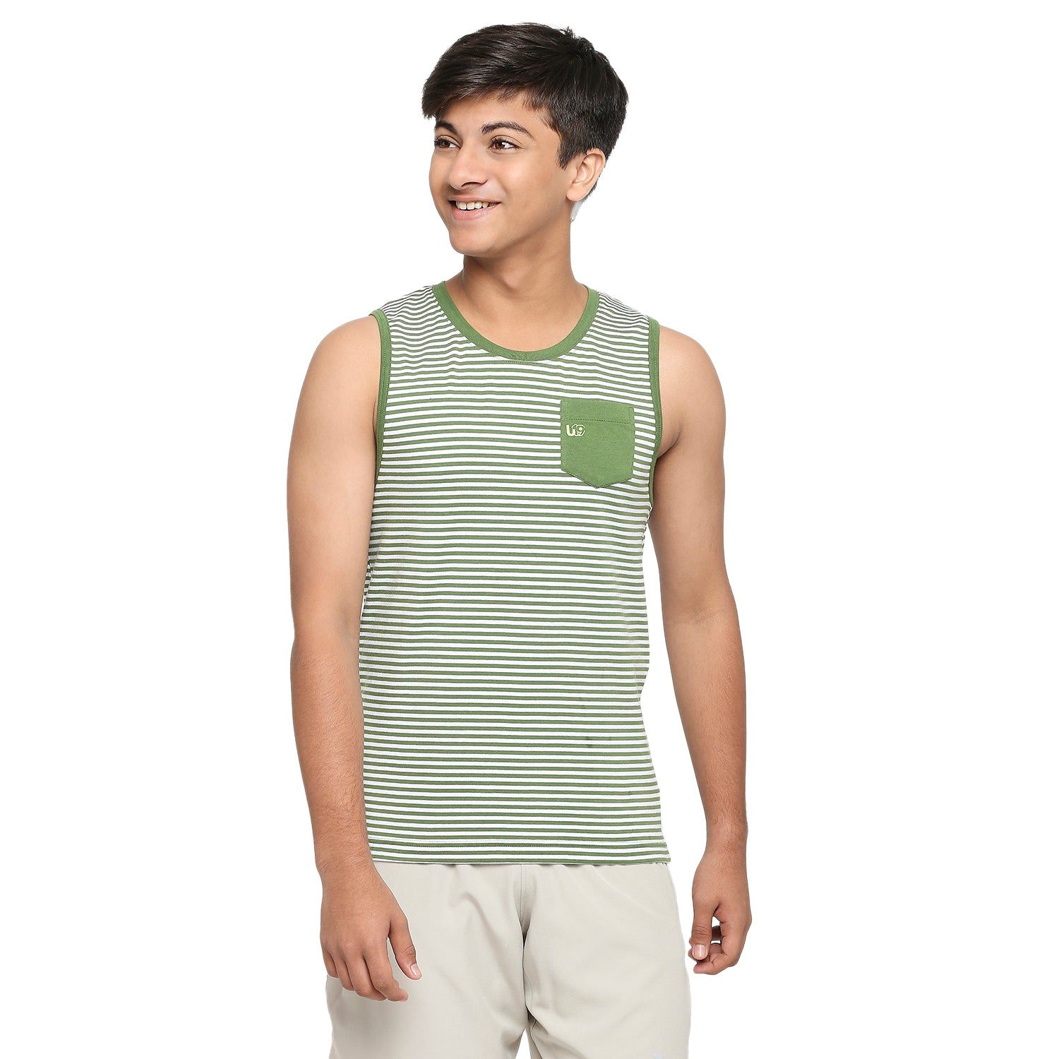 Frenchie U19 Teens Green Striped Vest Made In Cotton Lycra Fabric