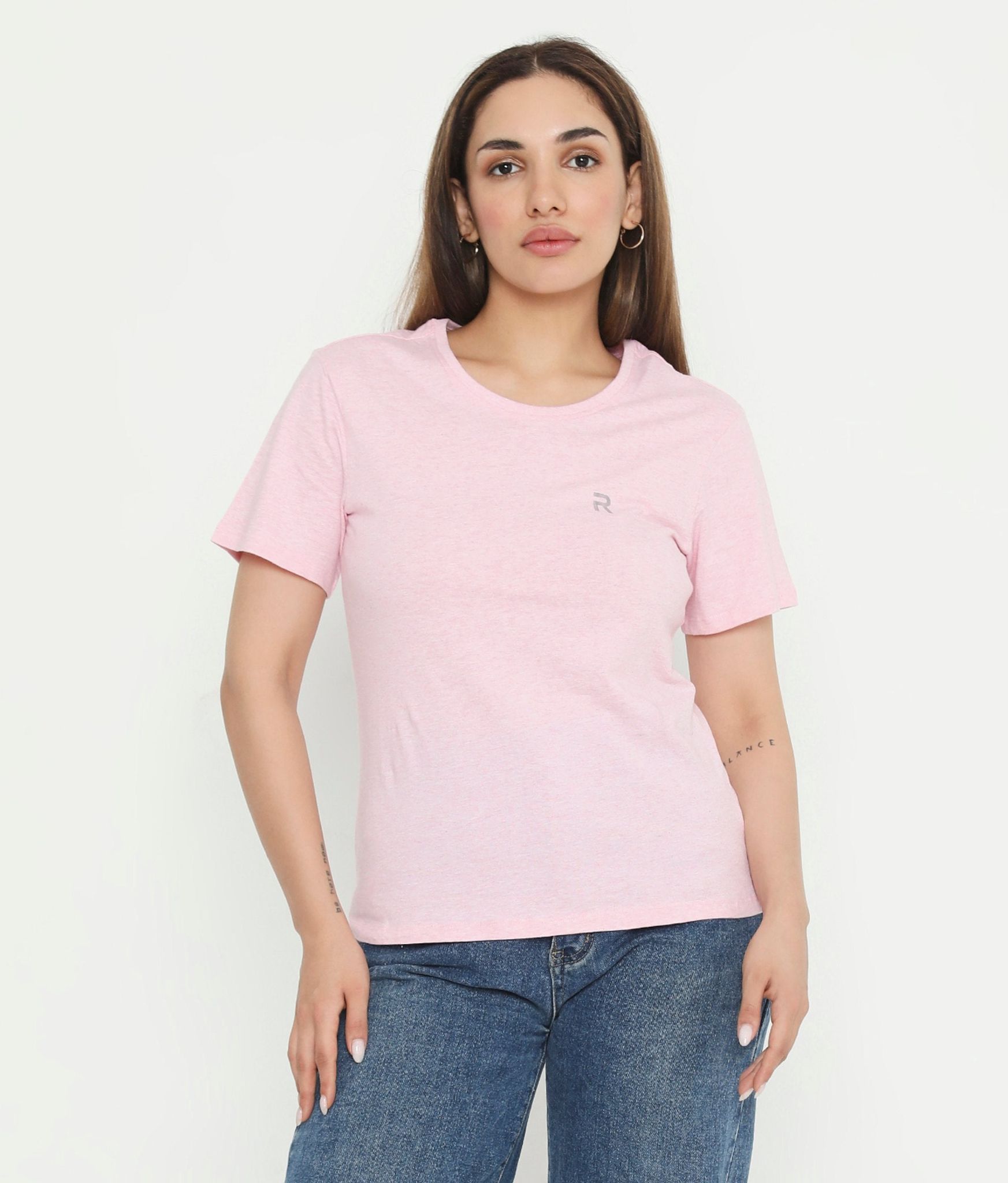 Rivolta Pink Melange Essential Cotton T-Shirt For Women