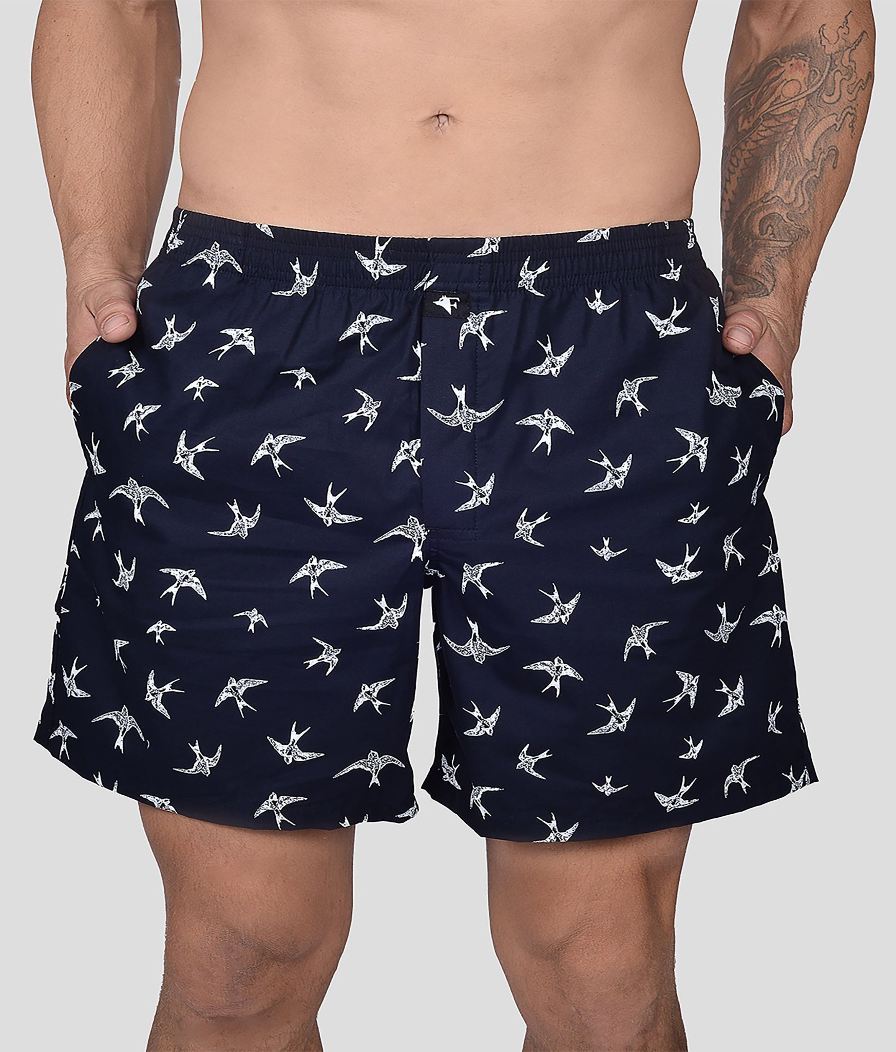 Frenchie Boksa Men'S Printed Cotton Boxer Shorts With Side Pockets - Black Bird