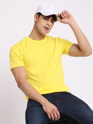 Frenchie Solid Yellow Pure Cotton Round Neck T-Shirt For Men