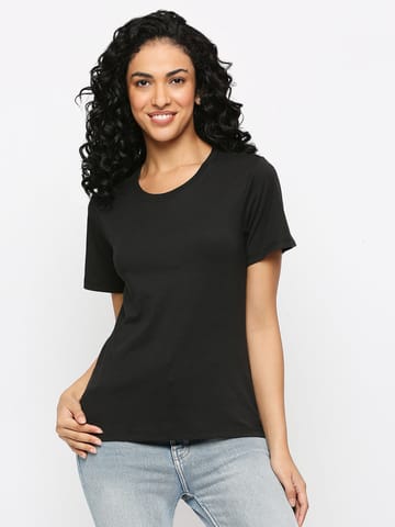 Feelings Solid Black Cotton Rich Essential T-Shirt For Women