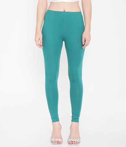 Feelings Solid Green Ankle-Length Cotton Leggings For Women