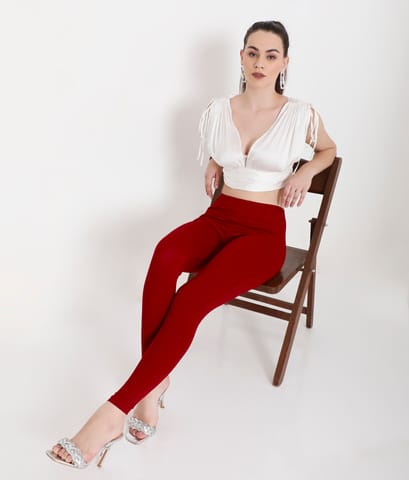 Feelings Solid Maroon Ankle-Length Cotton Leggings For Women