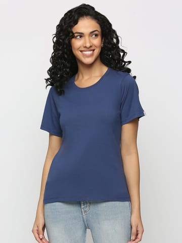 Feelings Solid Navy Cotton Rich Essential T-Shirt For Women