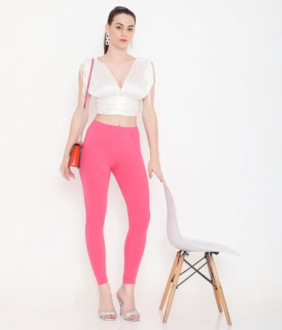 Feelings Solid Pink Ankle-Length Cotton Leggings For Women