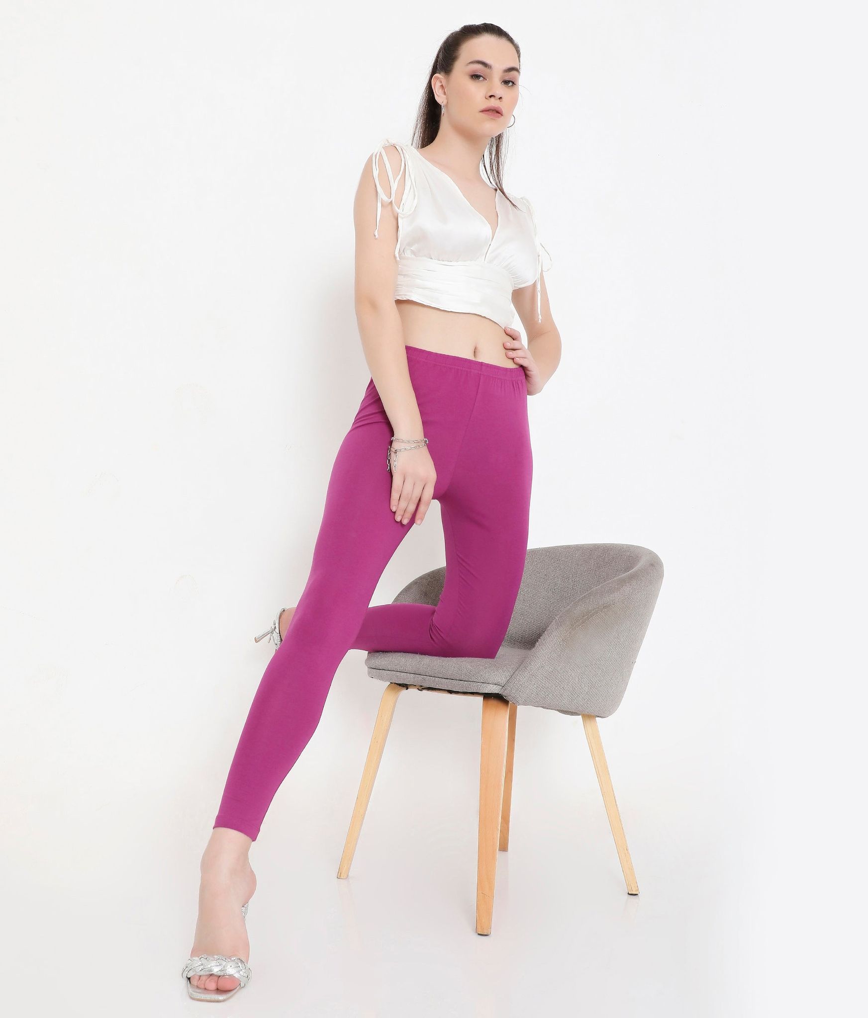 Feelings Solid Purple Ankle-Length Cotton Leggings For Women