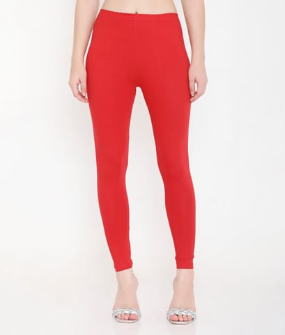 Feelings Solid Red Ankle-Length Cotton Leggings For Women