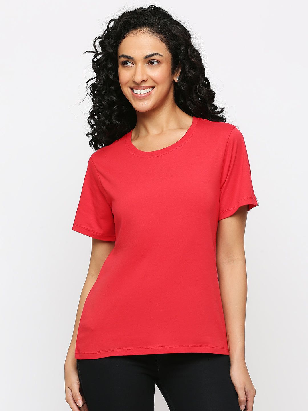 Feelings Solid Red Cotton Rich Essential T-Shirt For Women