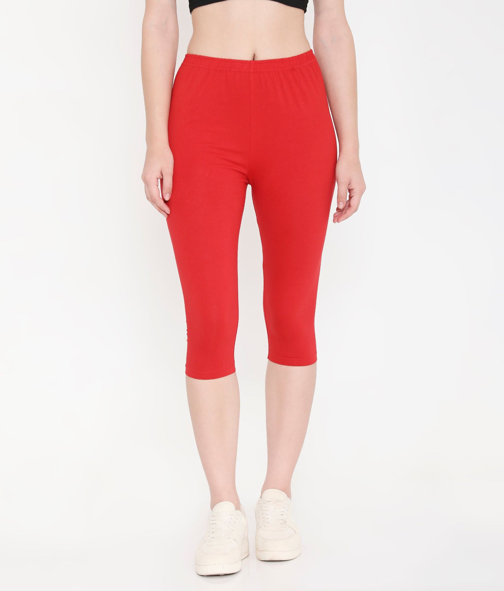 Feelings Women Solid Red Soft Cotton Everyday Capri