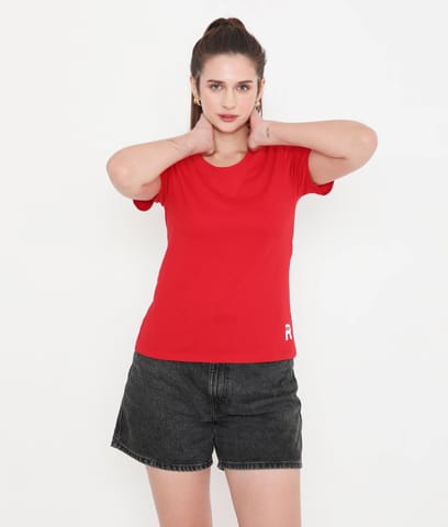 Rivolta Women Solid Red Round Neck Cotton T-Shirt