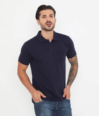 VIP Men Navy Blue Essential Cotton Polo T-Shirt With Chest Pocket