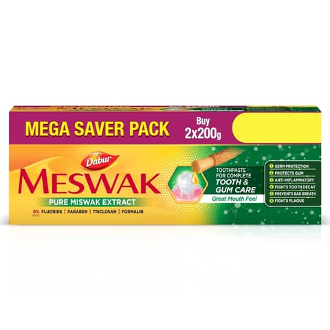 Dabur Meswak Complete Oral Care Toothpaste - 400g (200g x 2, Pack of 2) | Complete Oral & Gum Care Toothpaste | Contains Pure & Rare Miswak extract | No added Fluoride, Paraben, Triclosan & Formalin