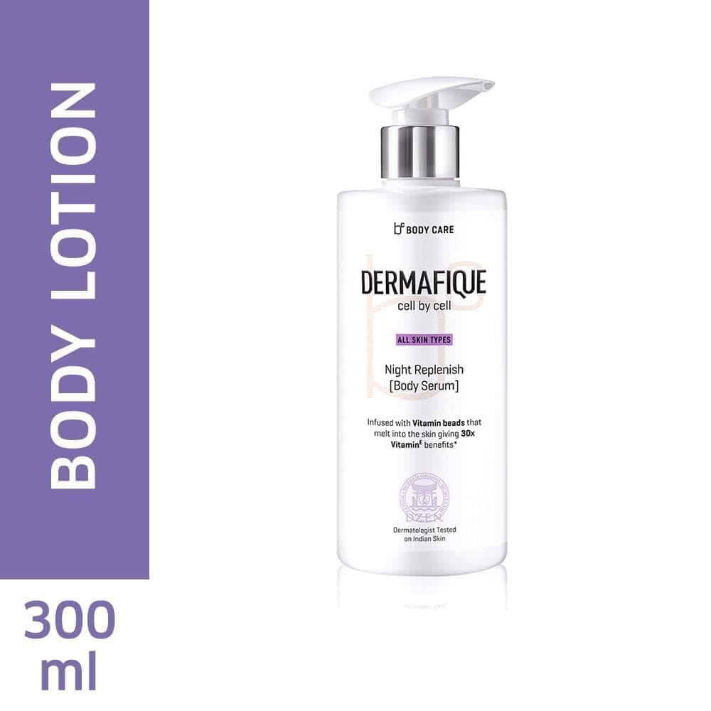 Dermafique Night Replenish Body Serum, Body Lotion for All Skin Types, Night Regeneration, 30x Vitamin E, Deeply hydrates and moisturizes, Repairs Skin Cell Damage, dermatologist tested (300Ml)