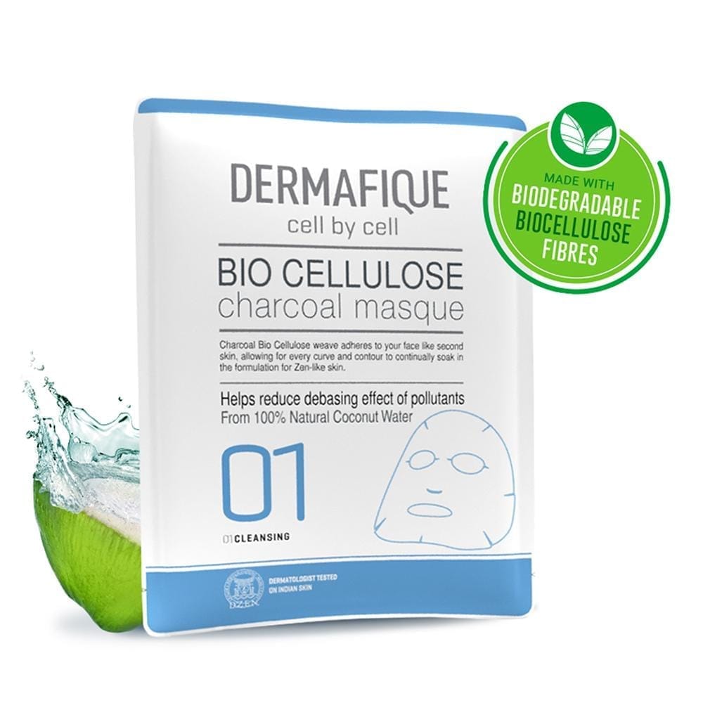 Dermafique Bio Cellulose Charcoal Face Serum Sheet Mask with honey, chamomile, green tea extracts, with Salicylic Acid, Hyaluronic Acid. Made Bio-degradable fibres, Paraben Free, Dermatologist tested