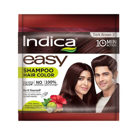 Indica Easy Do-It-Yourself 10 Minutes Hair Color Shampoo with 5 Herbal Extracts, 100% Ammonia Free, Long Lasting Formula (9g + 9ml) - Dark Brown Colour (Gloves Included)