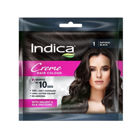 Indica Creme 10 Minutes Hair Color, Long Lasting Colour, 100% Ammonia Free with Walnut and Silk Proteins, (20g + 20ml) - Natural Black