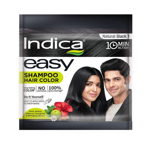 Indica Easy Do-It-Yourself 10 Minutes Hair Color Shampoo with 5 Herbal Extracts, 100% Ammonia Free, Long Lasting Formula (9g + 9ml) - Natural Black Colour (Gloves Included)