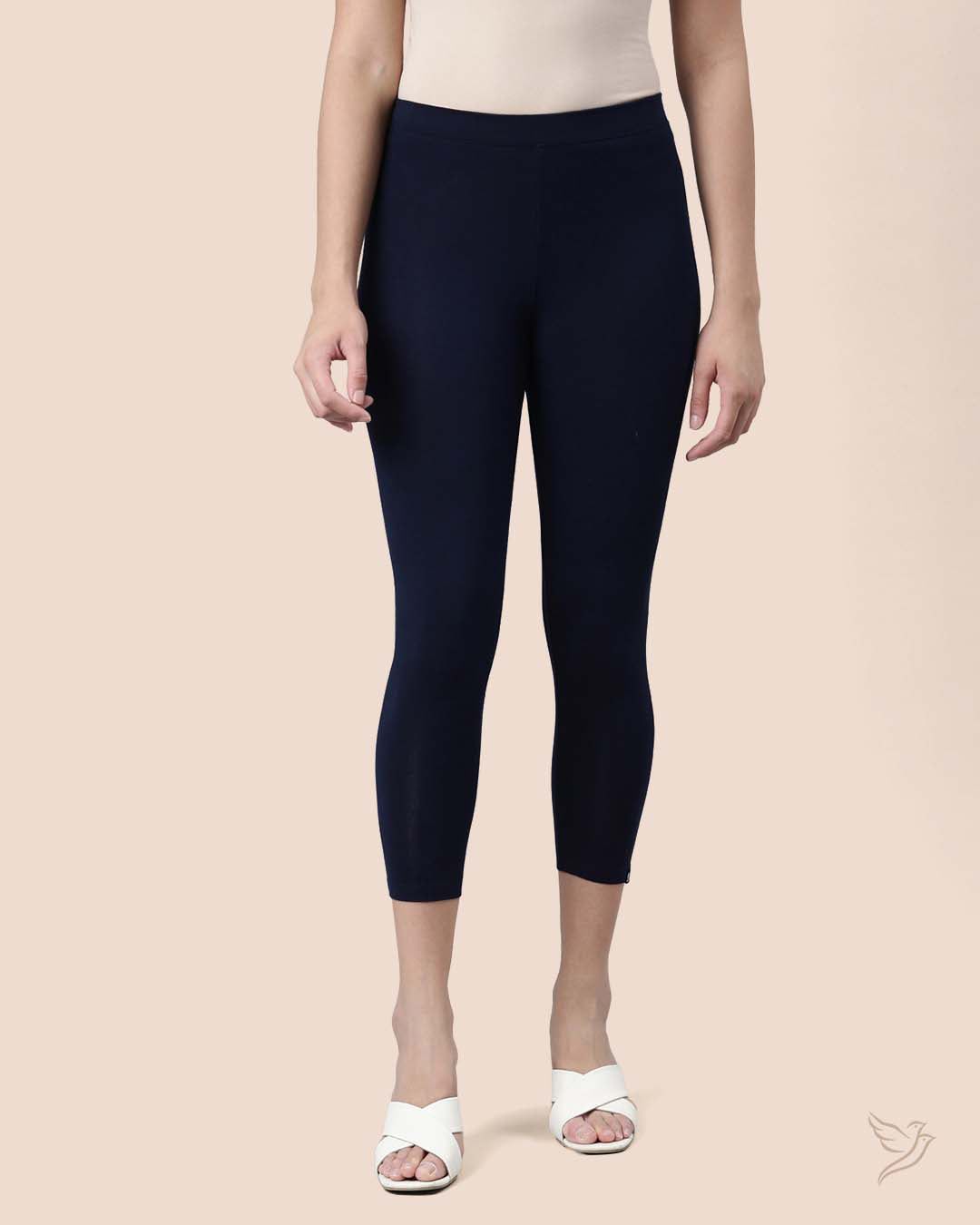 Twin Birds Women Viscose 7/8 High Ankle/Cropped Leggings - Navy Ribbon