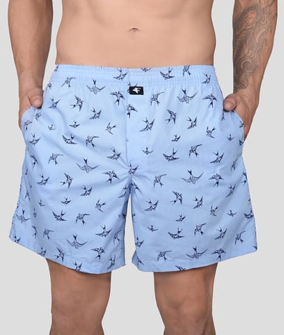 Frenchie Boksa Men'S Printed Cotton Boxer Shorts With Side Pockets - Sky Blue Bird