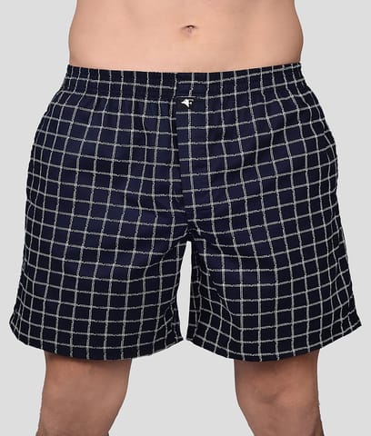 Frenchie Boksa Men'S Printed Cotton Boxer Shorts With Side Pockets - Navy Checks