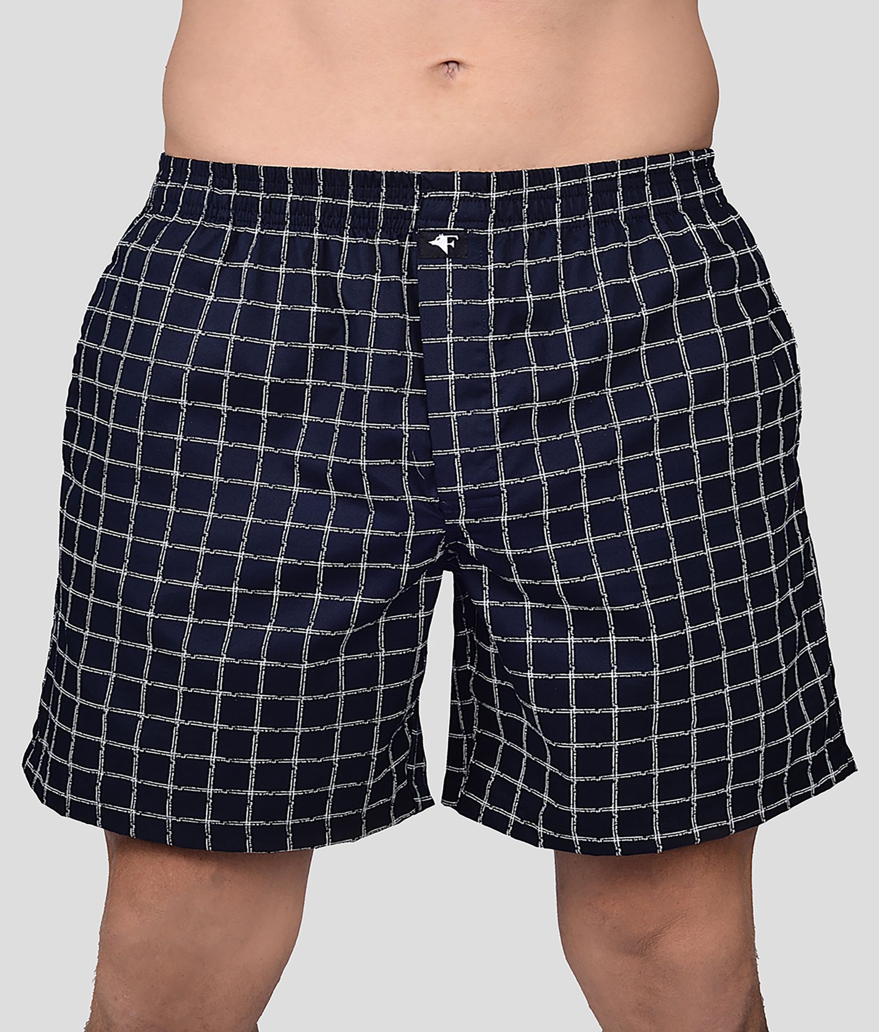 Frenchie Boksa Men'S Printed Cotton Boxer Shorts With Side Pockets - Navy Checks