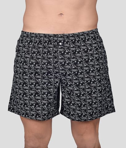 Frenchie Boksa Men'S Printed Cotton Boxer Shorts With Side Pockets - Black Crab Print