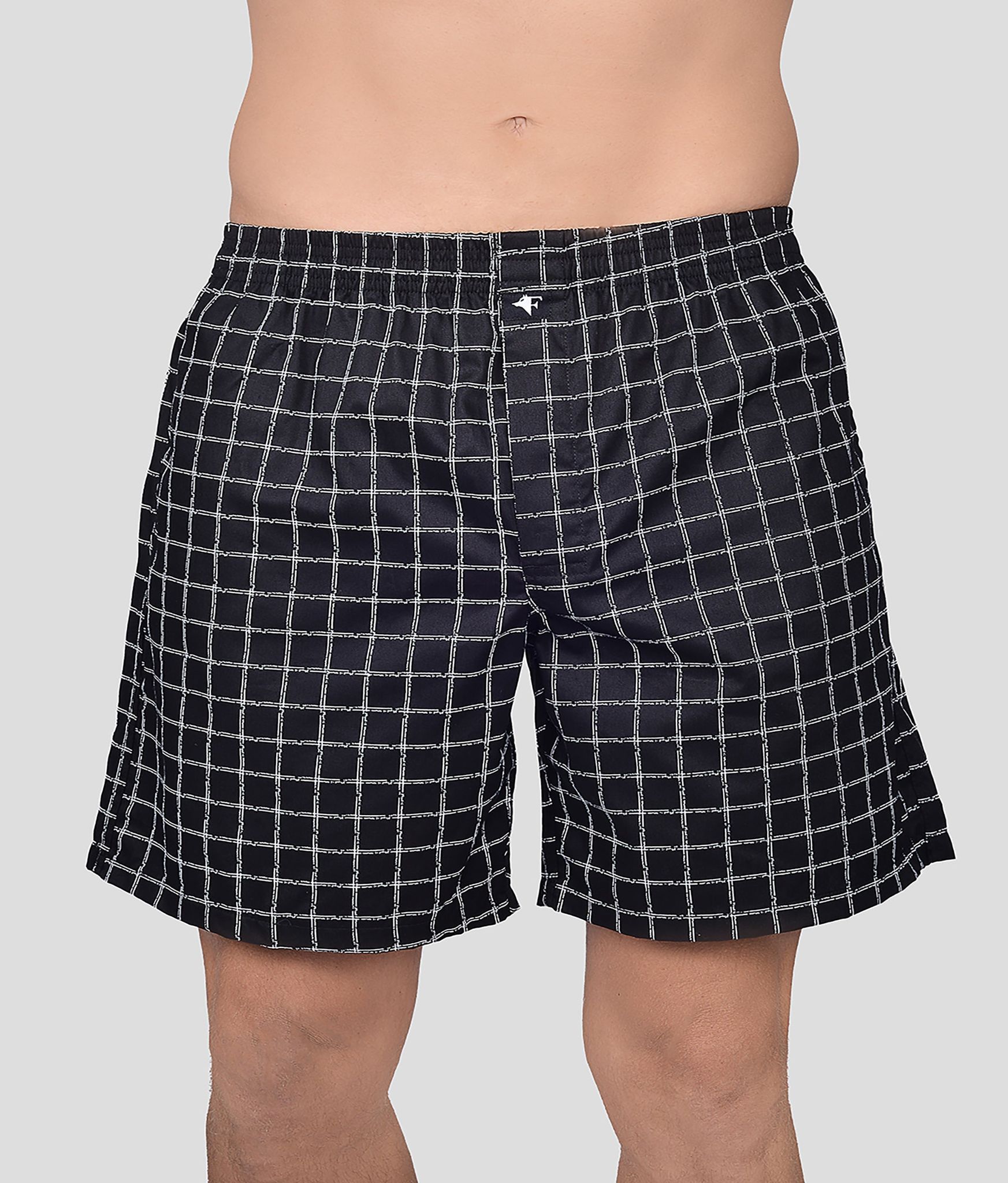 Frenchie Boksa Men'S Printed Cotton Boxer Shorts With Side Pockets - Black Checks