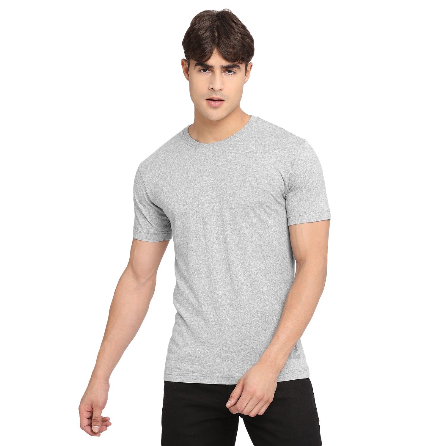 Frenchie Light Grey Melange Pure Cotton Round Neck T-Shirt For Men