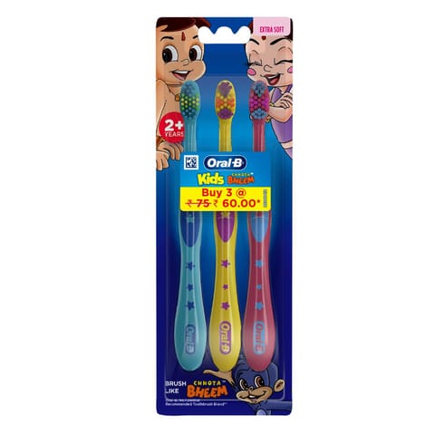 Oral-B Kids Chhota Bheem Manual Toothbrush, Extra Soft Bristles, Easy To Hold Handle Pack Of 3 (Age 2+) Multicolour