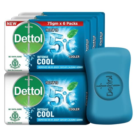 Dettol Icy Cool Bathing Soap Bar with Menthol - 75g each (Pack of 6)