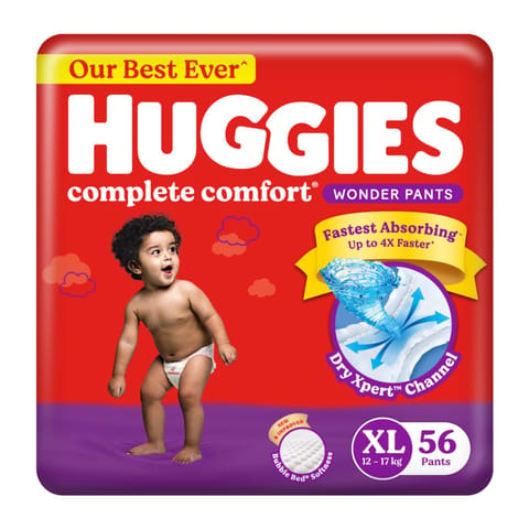 Huggies Complete Comfort Wonder Pants Pant Style Baby Diapers XL Size, 56 Count India's Fastest Absorbing Diaper, Patented Dry Xpert Channel, Ideal for 12 to 17 Kgs