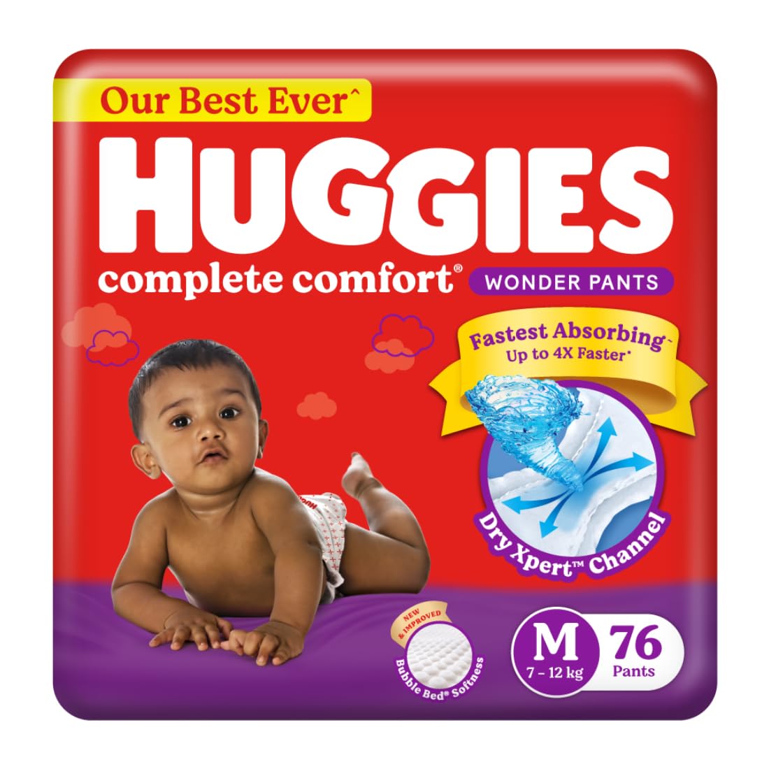 Huggies Complete Comfort Wonder Pants Pant Style Baby Diapers M Size, 76 Count India's Fastest Absorbing Diaper, Patented Dry Xpert Channel, Ideal for 7 to 12 Kgs